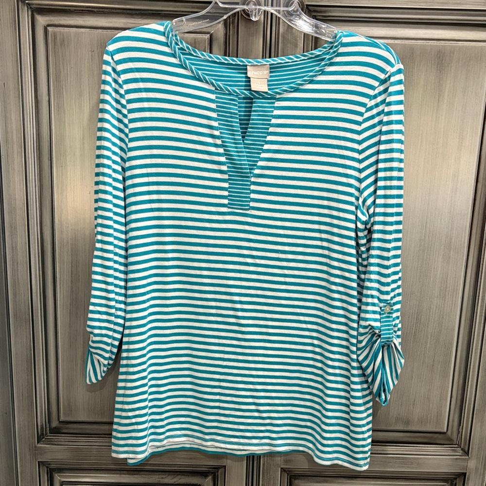Chico's Teal and White Striped Long Sleeve Top